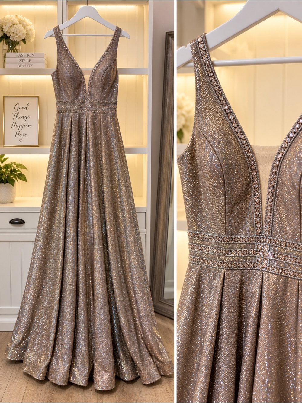 Glittering Taupe A-Line Prom Dress with Beaded Waist